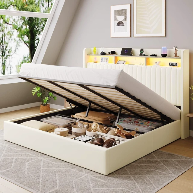 Main image of King Size Lift Up Storage Bed Frame/LED Lights/Charging Station/2-Tier Shelves Headboard/USB,Type-C Ports/Velvet Upholstered/Hydraulic Support/No Box Spring Needed/Noise Free/Cream