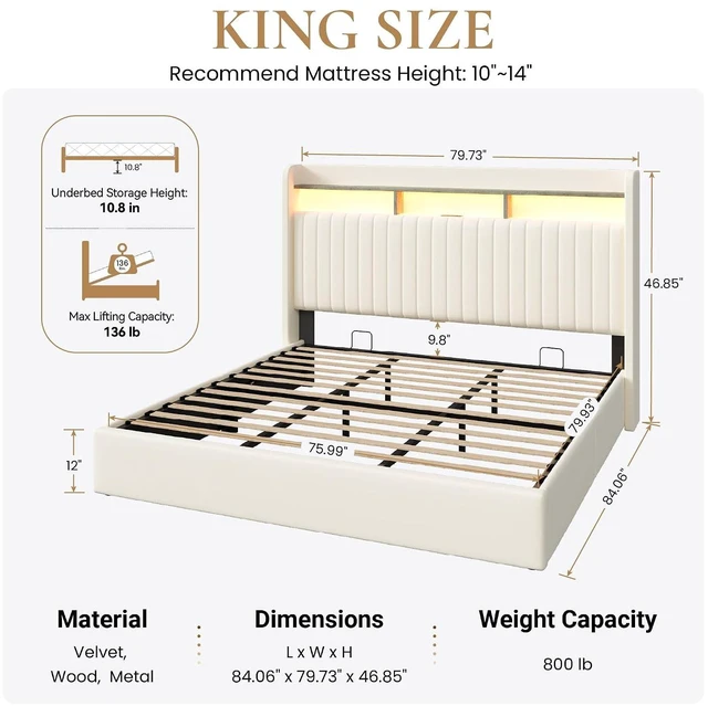 Alt view image 2 of 7 - King Size Lift Up Storage Bed Frame/LED Lights/Charging Station/2-Tier Shelves Headboard/USB,Type-C Ports/Velvet Upholstered/Hydraulic Support/No Box Spring Needed/Noise Free/Cream