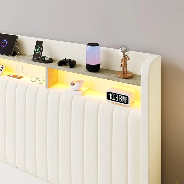 Alt view image 3 of 7 - King Size Lift Up Storage Bed Frame/LED Lights/Charging Station/2-Tier Shelves Headboard/USB,Type-C Ports/Velvet Upholstered/Hydraulic Support/No Box Spring Needed/Noise Free/Cream