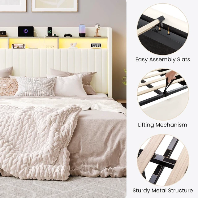 Alt view image 6 of 7 - King Size Lift Up Storage Bed Frame/LED Lights/Charging Station/2-Tier Shelves Headboard/USB,Type-C Ports/Velvet Upholstered/Hydraulic Support/No Box Spring Needed/Noise Free/Cream