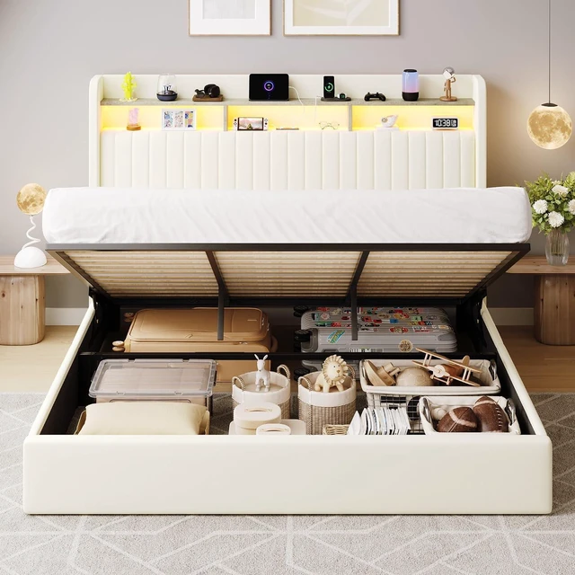 Alt view image 7 of 7 - King Size Lift Up Storage Bed Frame/LED Lights/Charging Station/2-Tier Shelves Headboard/USB,Type-C Ports/Velvet Upholstered/Hydraulic Support/No Box Spring Needed/Noise Free/Cream
