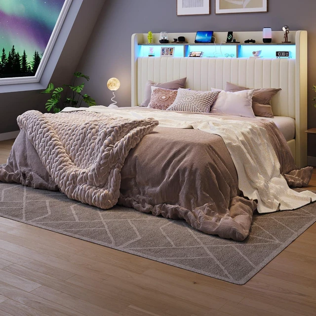 Alt view image 5 of 7 - King Size Lift Up Storage Bed Frame/LED Lights/Charging Station/2-Tier Shelves Headboard/USB,Type-C Ports/Velvet Upholstered/Hydraulic Support/No Box Spring Needed/Noise Free/Cream