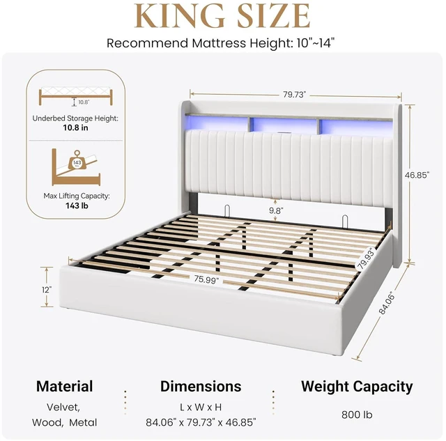 Alt view image 2 of 7 - King Size Lift Up Storage Bed Frame/LED Lights/Charging Station/2-Tier Shelves Headboard/USB,Type-C Ports/Velvet Upholstered/Hydraulic Support/No Box Spring Needed/Noise Free/White