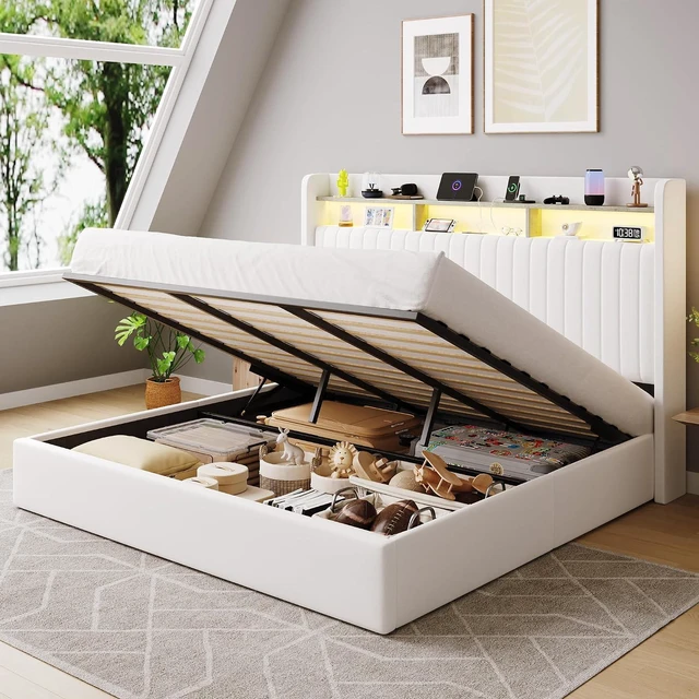 Main image of King Size Lift Up Storage Bed Frame/LED Lights/Charging Station/2-Tier Shelves Headboard/USB,Type-C Ports/Velvet Upholstered/Hydraulic Support/No Box Spring Needed/Noise Free/White