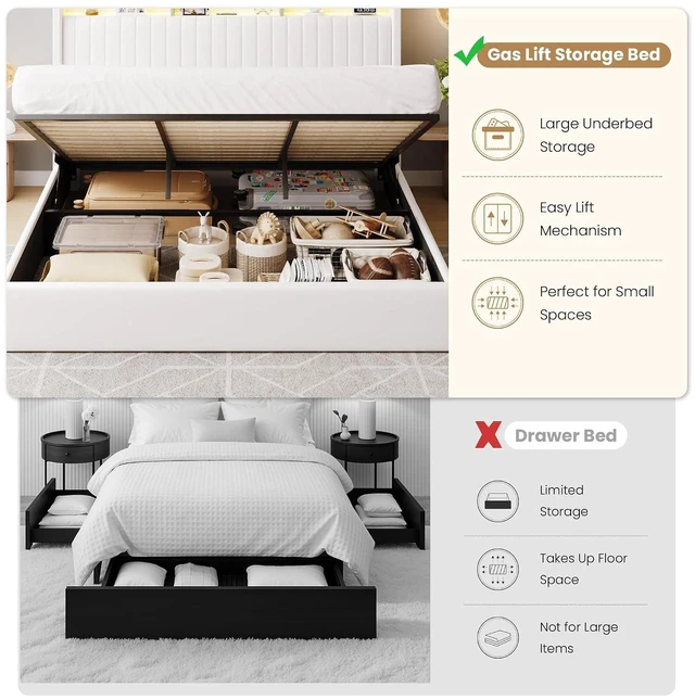 Alt view image 4 of 7 - King Size Lift Up Storage Bed Frame/LED Lights/Charging Station/2-Tier Shelves Headboard/USB,Type-C Ports/Velvet Upholstered/Hydraulic Support/No Box Spring Needed/Noise Free/White