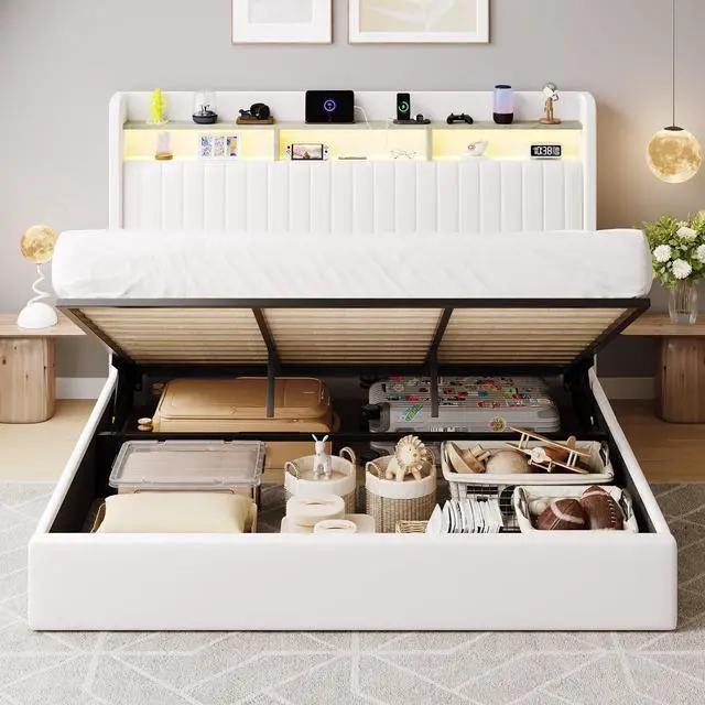 Alt view image 7 of 7 - King Size Lift Up Storage Bed Frame/LED Lights/Charging Station/2-Tier Shelves Headboard/USB,Type-C Ports/Velvet Upholstered/Hydraulic Support/No Box Spring Needed/Noise Free/White