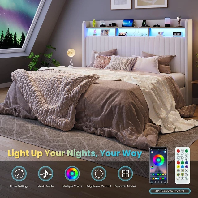 Alt view image 5 of 7 - King Size Lift Up Storage Bed Frame/LED Lights/Charging Station/2-Tier Shelves Headboard/USB,Type-C Ports/Velvet Upholstered/Hydraulic Support/No Box Spring Needed/Noise Free/White