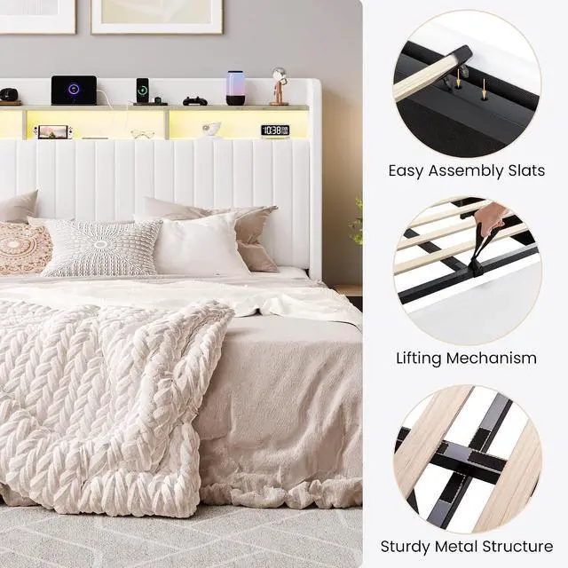 Alt view image 6 of 7 - King Size Lift Up Storage Bed Frame/LED Lights/Charging Station/2-Tier Shelves Headboard/USB,Type-C Ports/Velvet Upholstered/Hydraulic Support/No Box Spring Needed/Noise Free/White