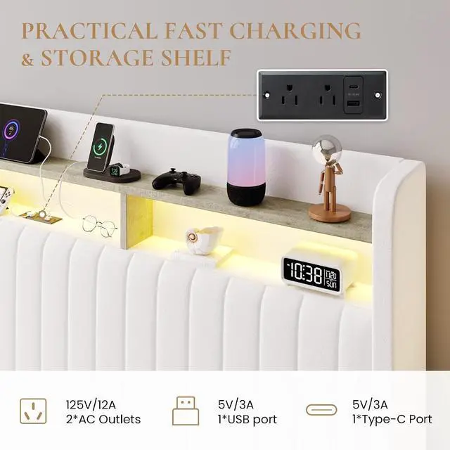 Alt view image 3 of 7 - King Size Lift Up Storage Bed Frame/LED Lights/Charging Station/2-Tier Shelves Headboard/USB,Type-C Ports/Velvet Upholstered/Hydraulic Support/No Box Spring Needed/Noise Free/White