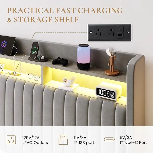 Alt view image 3 of 7 - King Size Lift Up Storage Bed Frame/LED Lights/Charging Station/2-Tier Shelves Headboard/USB,Type-C Ports/Velvet Upholstered/Hydraulic Support/No Box Spring Needed/Noise Free/Gray