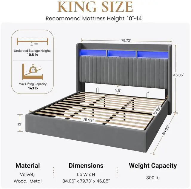 Alt view image 2 of 7 - King Size Lift Up Storage Bed Frame/LED Lights/Charging Station/2-Tier Shelves Headboard/USB,Type-C Ports/Velvet Upholstered/Hydraulic Support/No Box Spring Needed/Noise Free/Gray