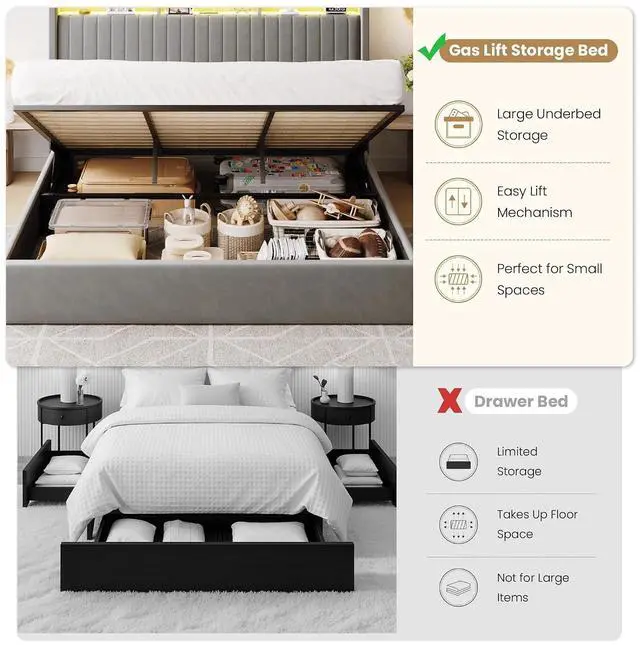 Alt view image 4 of 7 - King Size Lift Up Storage Bed Frame/LED Lights/Charging Station/2-Tier Shelves Headboard/USB,Type-C Ports/Velvet Upholstered/Hydraulic Support/No Box Spring Needed/Noise Free/Gray