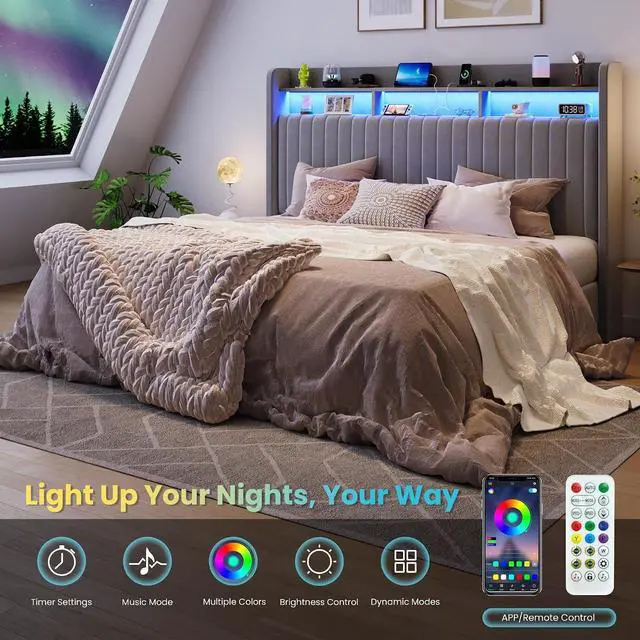 Alt view image 5 of 7 - King Size Lift Up Storage Bed Frame/LED Lights/Charging Station/2-Tier Shelves Headboard/USB,Type-C Ports/Velvet Upholstered/Hydraulic Support/No Box Spring Needed/Noise Free/Gray