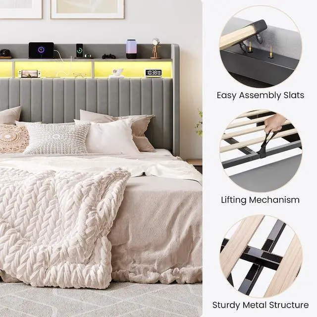 Alt view image 6 of 7 - King Size Lift Up Storage Bed Frame/LED Lights/Charging Station/2-Tier Shelves Headboard/USB,Type-C Ports/Velvet Upholstered/Hydraulic Support/No Box Spring Needed/Noise Free/Gray