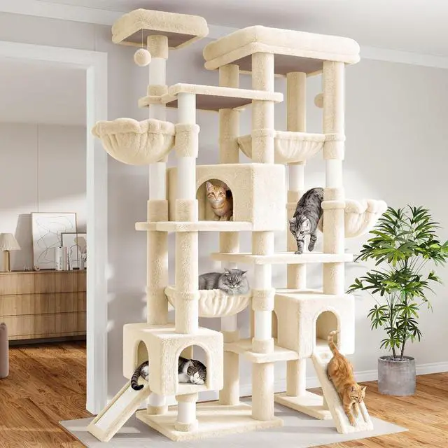 Main image of 87 in Multi-Level Tall Cat Tree Tower for Large Cats/Extra Wide Feline Activity Center/Sisal Scratching Posts/Wide Base/Cozy Plush Perches/Baskets/Hammocks/Toy Balls/Beige