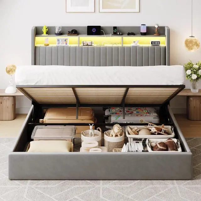 Alt view image 7 of 7 - King Size Lift Up Storage Bed Frame/LED Lights/Charging Station/2-Tier Shelves Headboard/USB,Type-C Ports/Velvet Upholstered/Hydraulic Support/No Box Spring Needed/Noise Free/Gray