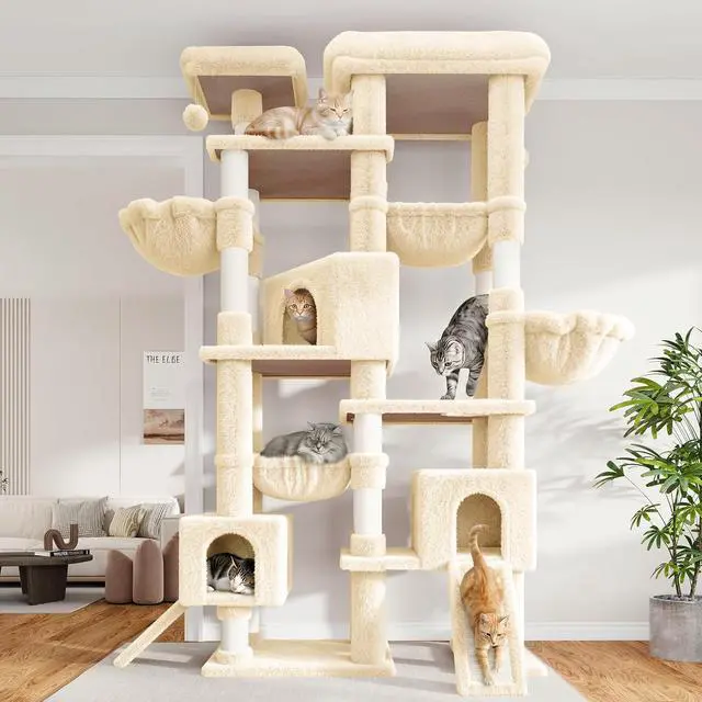 Alt view image 2 of 7 - 87 in Multi-Level Tall Cat Tree Tower for Large Cats/Extra Wide Feline Activity Center/Sisal Scratching Posts/Wide Base/Cozy Plush Perches/Baskets/Hammocks/Toy Balls/Beige