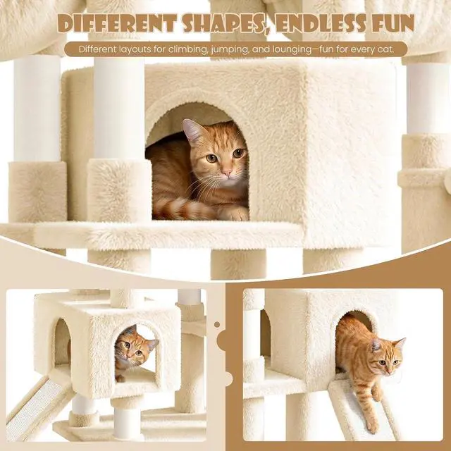 Alt view image 3 of 7 - 87 in Multi-Level Tall Cat Tree Tower for Large Cats/Extra Wide Feline Activity Center/Sisal Scratching Posts/Wide Base/Cozy Plush Perches/Baskets/Hammocks/Toy Balls/Beige
