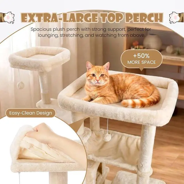 Alt view image 4 of 7 - 87 in Multi-Level Tall Cat Tree Tower for Large Cats/Extra Wide Feline Activity Center/Sisal Scratching Posts/Wide Base/Cozy Plush Perches/Baskets/Hammocks/Toy Balls/Beige