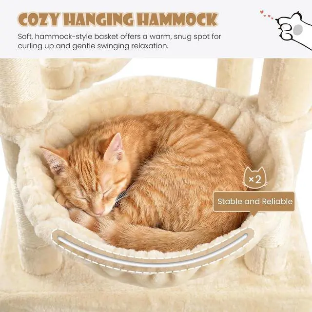 Alt view image 5 of 7 - 87 in Multi-Level Tall Cat Tree Tower for Large Cats/Extra Wide Feline Activity Center/Sisal Scratching Posts/Wide Base/Cozy Plush Perches/Baskets/Hammocks/Toy Balls/Beige