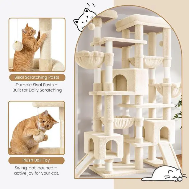 Alt view image 7 of 7 - 87 in Multi-Level Tall Cat Tree Tower for Large Cats/Extra Wide Feline Activity Center/Sisal Scratching Posts/Wide Base/Cozy Plush Perches/Baskets/Hammocks/Toy Balls/Beige