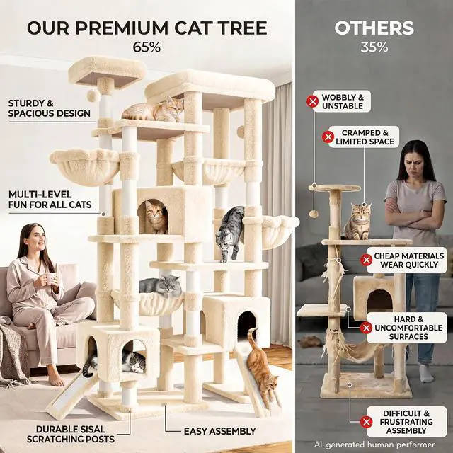 Alt view image 6 of 7 - 87 in Multi-Level Tall Cat Tree Tower for Large Cats/Extra Wide Feline Activity Center/Sisal Scratching Posts/Wide Base/Cozy Plush Perches/Baskets/Hammocks/Toy Balls/Beige
