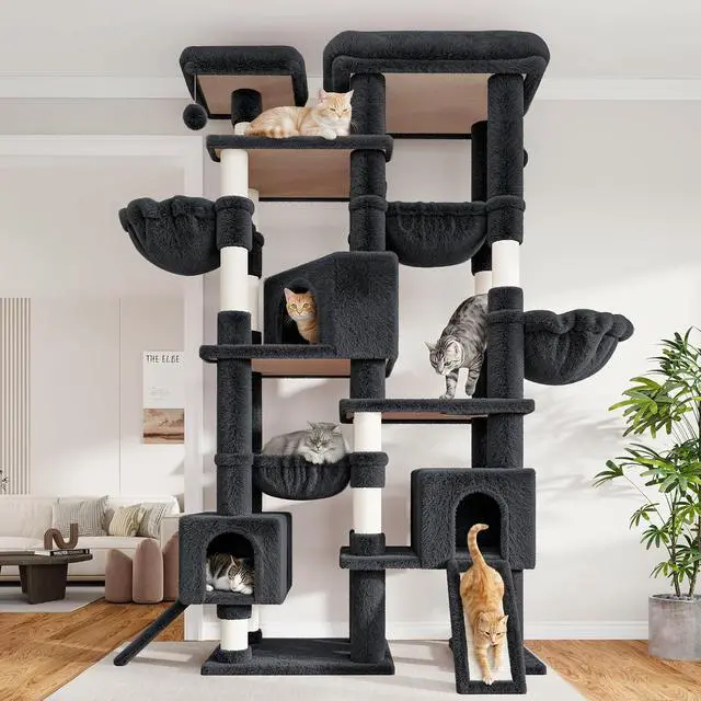 Alt view image 2 of 7 - 87 in Multi-Level Tall Cat Tree Tower for Large Cats/Extra Wide Feline Activity Center/Sisal Scratching Posts/Wide Base/Cozy Plush Perches/Baskets/Hammocks/Toy Balls/Dark Grey