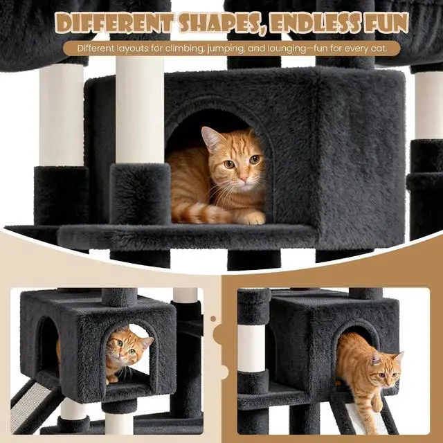 Alt view image 3 of 7 - 87 in Multi-Level Tall Cat Tree Tower for Large Cats/Extra Wide Feline Activity Center/Sisal Scratching Posts/Wide Base/Cozy Plush Perches/Baskets/Hammocks/Toy Balls/Dark Grey