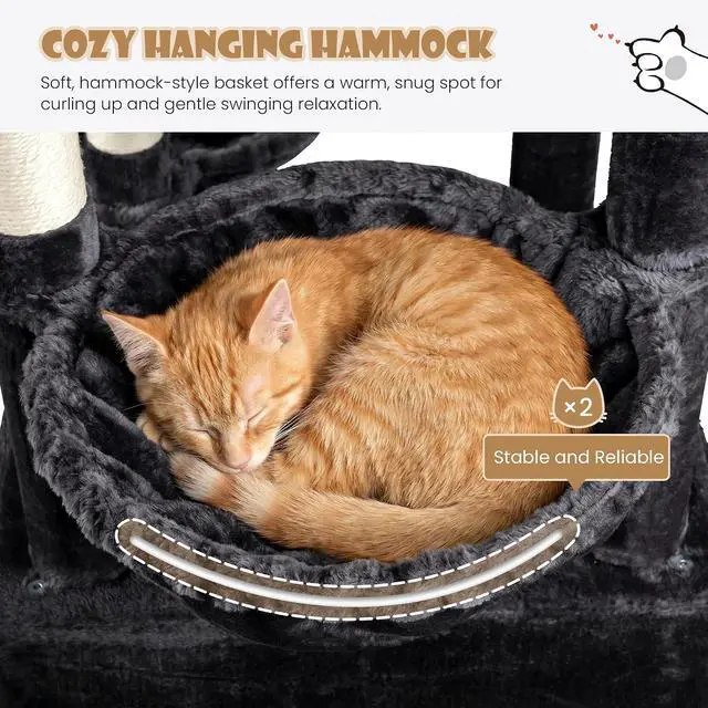 Alt view image 5 of 7 - 87 in Multi-Level Tall Cat Tree Tower for Large Cats/Extra Wide Feline Activity Center/Sisal Scratching Posts/Wide Base/Cozy Plush Perches/Baskets/Hammocks/Toy Balls/Dark Grey
