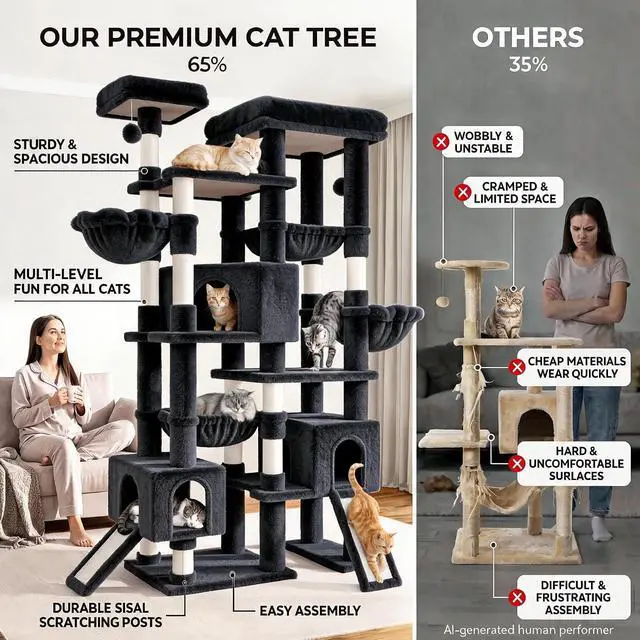 Alt view image 6 of 7 - 87 in Multi-Level Tall Cat Tree Tower for Large Cats/Extra Wide Feline Activity Center/Sisal Scratching Posts/Wide Base/Cozy Plush Perches/Baskets/Hammocks/Toy Balls/Dark Grey