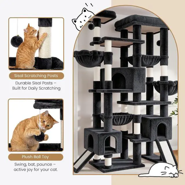 Alt view image 7 of 7 - 87 in Multi-Level Tall Cat Tree Tower for Large Cats/Extra Wide Feline Activity Center/Sisal Scratching Posts/Wide Base/Cozy Plush Perches/Baskets/Hammocks/Toy Balls/Dark Grey