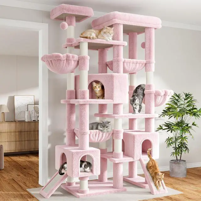 Main image of 87 in Multi-Level Tall Cat Tree Tower for Large Cats/Extra Wide Feline Activity Center/Sisal Scratching Posts/Wide Base/Cozy Plush Perches/Baskets/Hammocks/Toy Balls/Pink