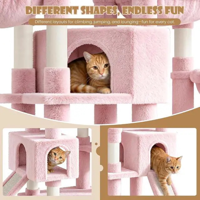 Alt view image 3 of 7 - 87 in Multi-Level Tall Cat Tree Tower for Large Cats/Extra Wide Feline Activity Center/Sisal Scratching Posts/Wide Base/Cozy Plush Perches/Baskets/Hammocks/Toy Balls/Pink