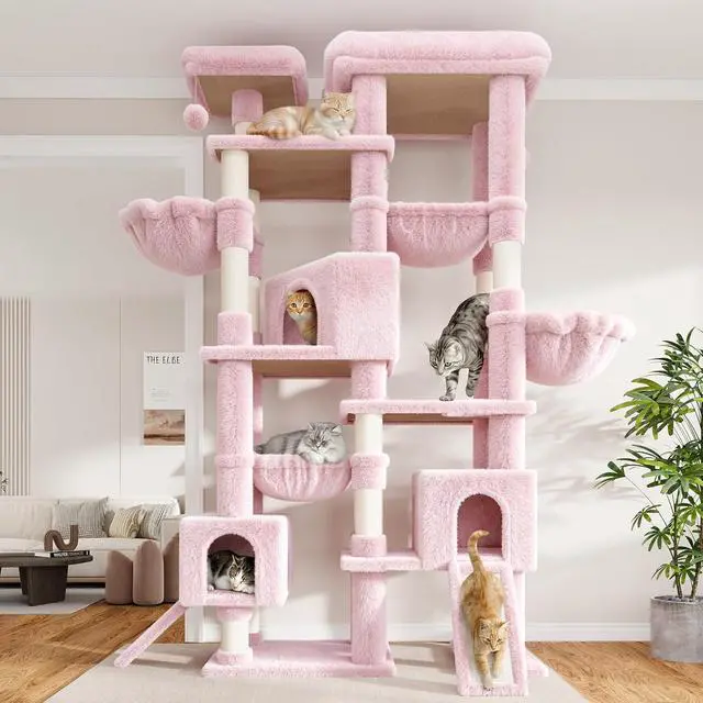 Alt view image 2 of 7 - 87 in Multi-Level Tall Cat Tree Tower for Large Cats/Extra Wide Feline Activity Center/Sisal Scratching Posts/Wide Base/Cozy Plush Perches/Baskets/Hammocks/Toy Balls/Pink