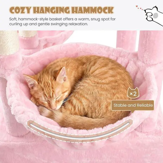 Alt view image 5 of 7 - 87 in Multi-Level Tall Cat Tree Tower for Large Cats/Extra Wide Feline Activity Center/Sisal Scratching Posts/Wide Base/Cozy Plush Perches/Baskets/Hammocks/Toy Balls/Pink