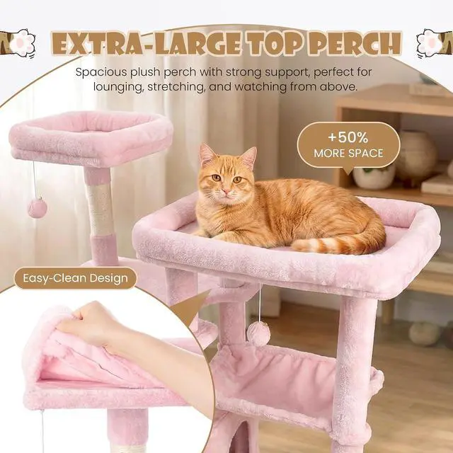 Alt view image 4 of 7 - 87 in Multi-Level Tall Cat Tree Tower for Large Cats/Extra Wide Feline Activity Center/Sisal Scratching Posts/Wide Base/Cozy Plush Perches/Baskets/Hammocks/Toy Balls/Pink