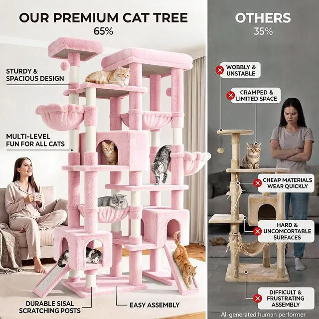 Alt view image 6 of 7 - 87 in Multi-Level Tall Cat Tree Tower for Large Cats/Extra Wide Feline Activity Center/Sisal Scratching Posts/Wide Base/Cozy Plush Perches/Baskets/Hammocks/Toy Balls/Pink