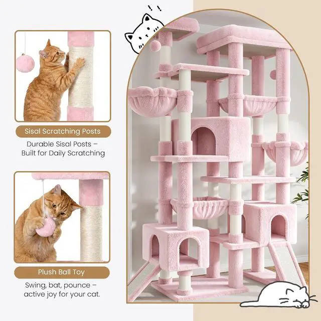 Alt view image 7 of 7 - 87 in Multi-Level Tall Cat Tree Tower for Large Cats/Extra Wide Feline Activity Center/Sisal Scratching Posts/Wide Base/Cozy Plush Perches/Baskets/Hammocks/Toy Balls/Pink