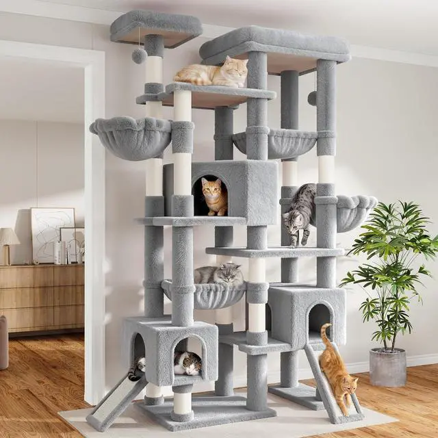 Main image of 87 in Multi-Level Tall Cat Tree Tower for Large Cats/Extra Wide Feline Activity Center/Sisal Scratching Posts/Wide Base/Cozy Plush Perches/Baskets/Hammocks/Toy Balls/Grey
