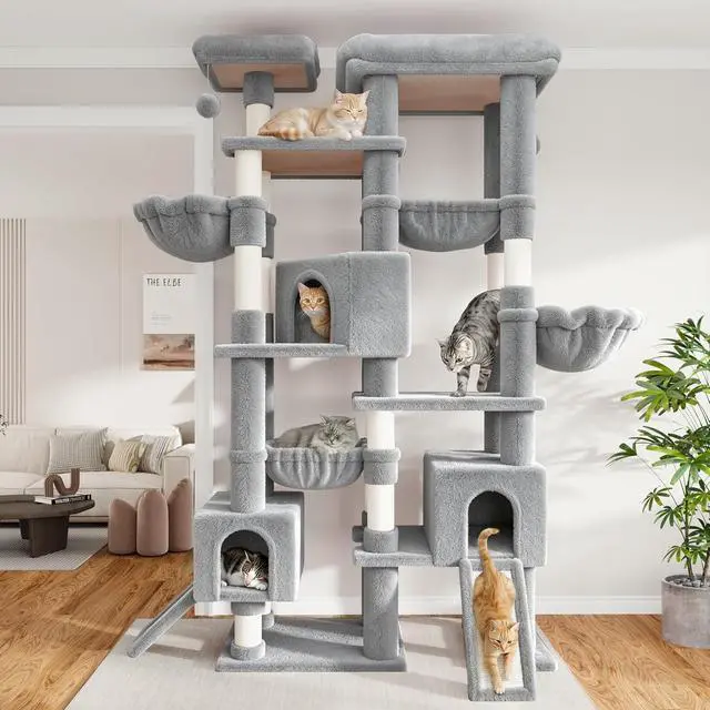 Alt view image 2 of 7 - 87 in Multi-Level Tall Cat Tree Tower for Large Cats/Extra Wide Feline Activity Center/Sisal Scratching Posts/Wide Base/Cozy Plush Perches/Baskets/Hammocks/Toy Balls/Grey