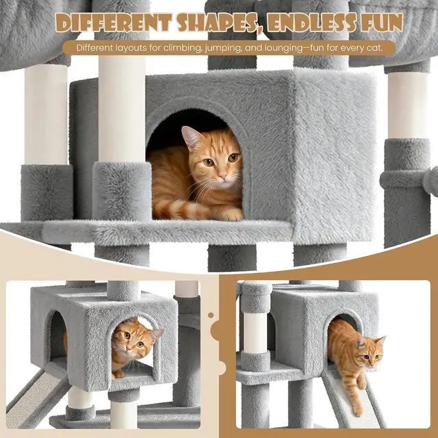 Alt view image 3 of 7 - 87 in Multi-Level Tall Cat Tree Tower for Large Cats/Extra Wide Feline Activity Center/Sisal Scratching Posts/Wide Base/Cozy Plush Perches/Baskets/Hammocks/Toy Balls/Grey