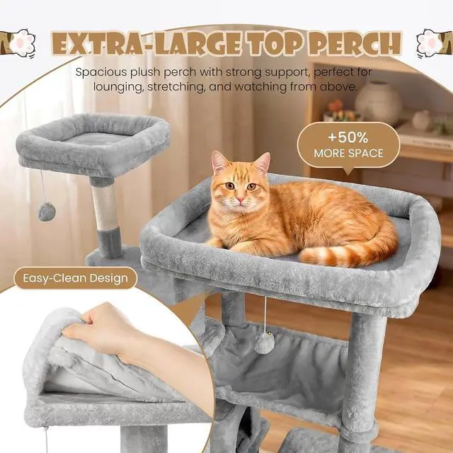 Alt view image 4 of 7 - 87 in Multi-Level Tall Cat Tree Tower for Large Cats/Extra Wide Feline Activity Center/Sisal Scratching Posts/Wide Base/Cozy Plush Perches/Baskets/Hammocks/Toy Balls/Grey