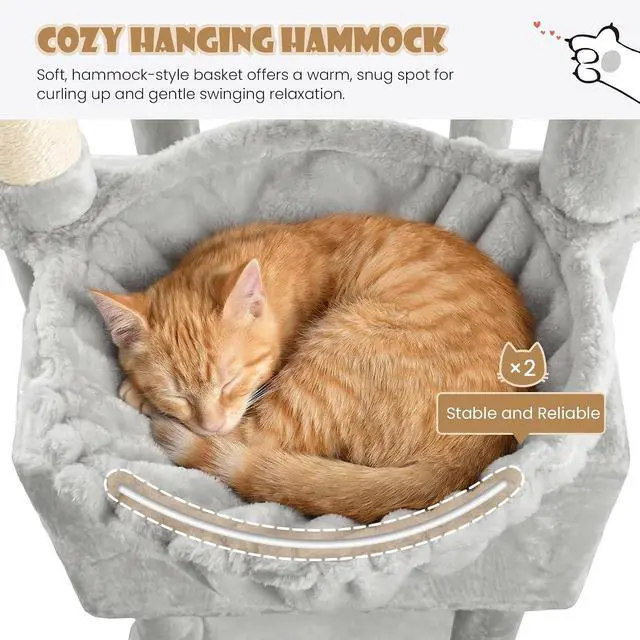 Alt view image 5 of 7 - 87 in Multi-Level Tall Cat Tree Tower for Large Cats/Extra Wide Feline Activity Center/Sisal Scratching Posts/Wide Base/Cozy Plush Perches/Baskets/Hammocks/Toy Balls/Grey