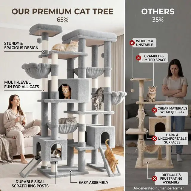 Alt view image 6 of 7 - 87 in Multi-Level Tall Cat Tree Tower for Large Cats/Extra Wide Feline Activity Center/Sisal Scratching Posts/Wide Base/Cozy Plush Perches/Baskets/Hammocks/Toy Balls/Grey