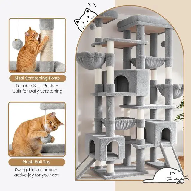 Alt view image 7 of 7 - 87 in Multi-Level Tall Cat Tree Tower for Large Cats/Extra Wide Feline Activity Center/Sisal Scratching Posts/Wide Base/Cozy Plush Perches/Baskets/Hammocks/Toy Balls/Grey
