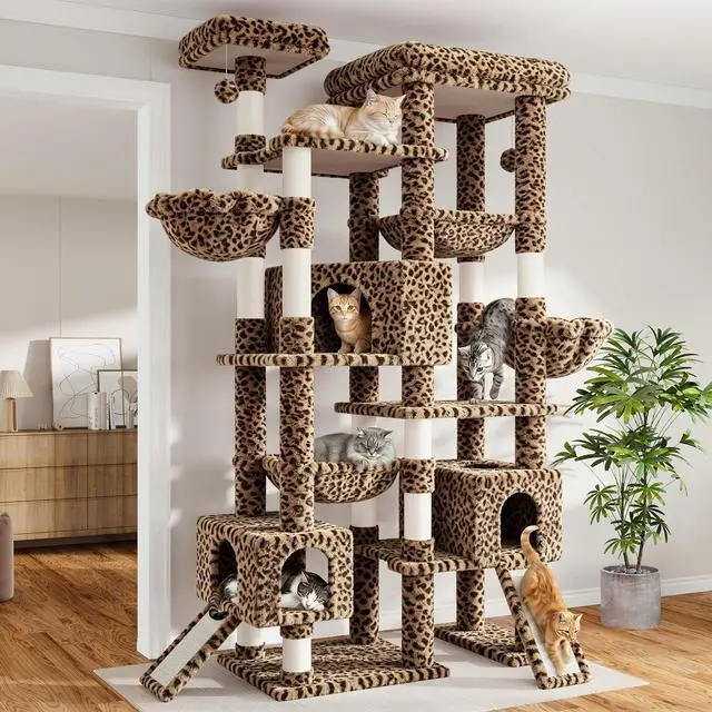 Main image of 87 in Multi-Level Tall Cat Tree Tower for Large Cats/Extra Wide Feline Activity Center/Sisal Scratching Posts/Wide Base/Cozy Plush Perches/Baskets/Hammocks/Toy Balls/Leopard Print