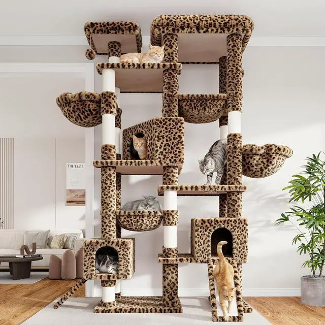 Alt view image 2 of 7 - 87 in Multi-Level Tall Cat Tree Tower for Large Cats/Extra Wide Feline Activity Center/Sisal Scratching Posts/Wide Base/Cozy Plush Perches/Baskets/Hammocks/Toy Balls/Leopard Print
