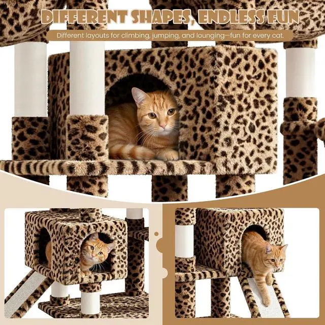 Alt view image 3 of 7 - 87 in Multi-Level Tall Cat Tree Tower for Large Cats/Extra Wide Feline Activity Center/Sisal Scratching Posts/Wide Base/Cozy Plush Perches/Baskets/Hammocks/Toy Balls/Leopard Print