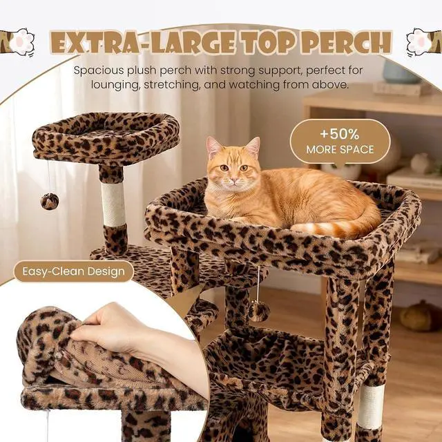 Alt view image 4 of 7 - 87 in Multi-Level Tall Cat Tree Tower for Large Cats/Extra Wide Feline Activity Center/Sisal Scratching Posts/Wide Base/Cozy Plush Perches/Baskets/Hammocks/Toy Balls/Leopard Print