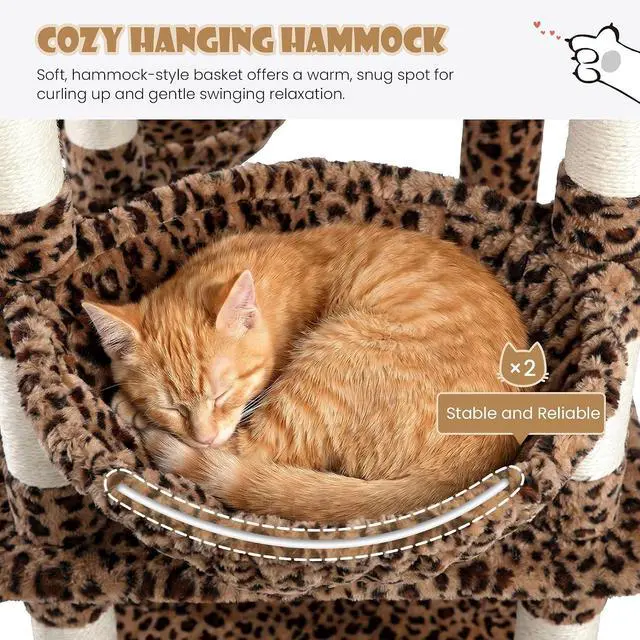 Alt view image 5 of 7 - 87 in Multi-Level Tall Cat Tree Tower for Large Cats/Extra Wide Feline Activity Center/Sisal Scratching Posts/Wide Base/Cozy Plush Perches/Baskets/Hammocks/Toy Balls/Leopard Print
